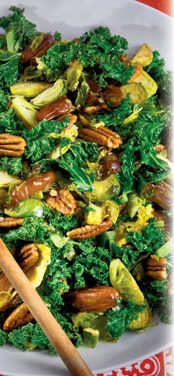 Roasted Kale and Brussels Sprouts with Dates and Pecans