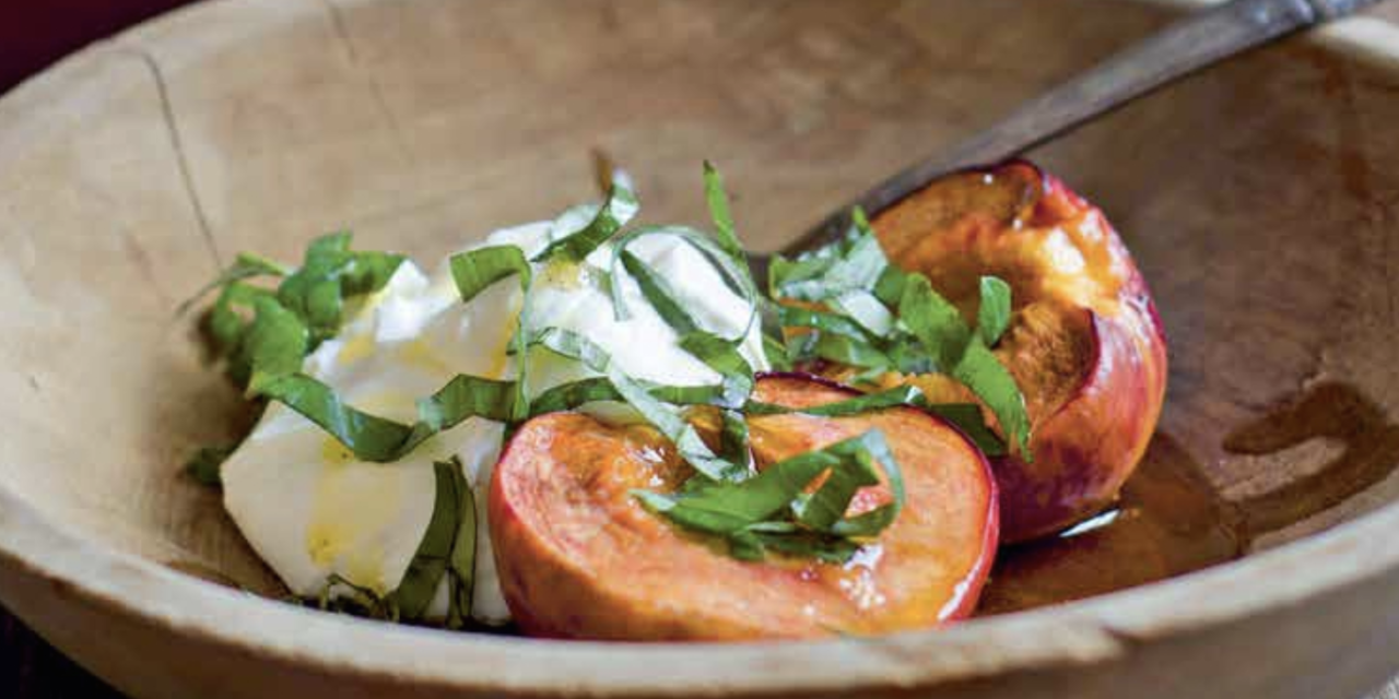 ROASTED PEACHES WITH BASIL AND YOGURT CHEESE