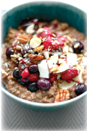 A Simple Breakfast: Cooked oatmeal with your favorite fresh fruit or nut toppings, pure maple syrup, splash of almond, oat, or other non-dairy milk.
