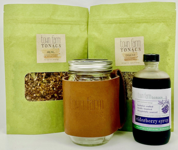 Town Farm Tonics Healing Tea, Digest Tea, Leather Jar Jacket, Elderberry Syrup